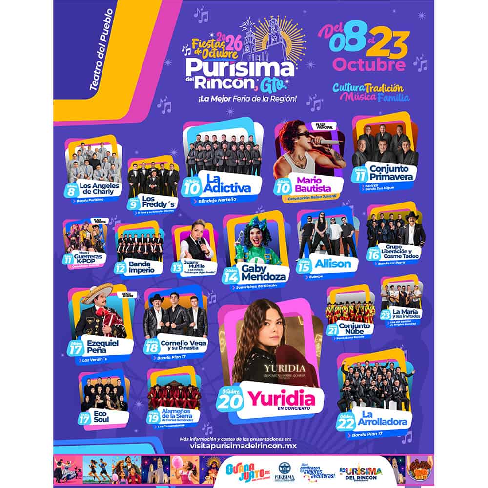 Cartel de festival de música y cultura en Guanajuato, México, con artistas y grupos destacados.