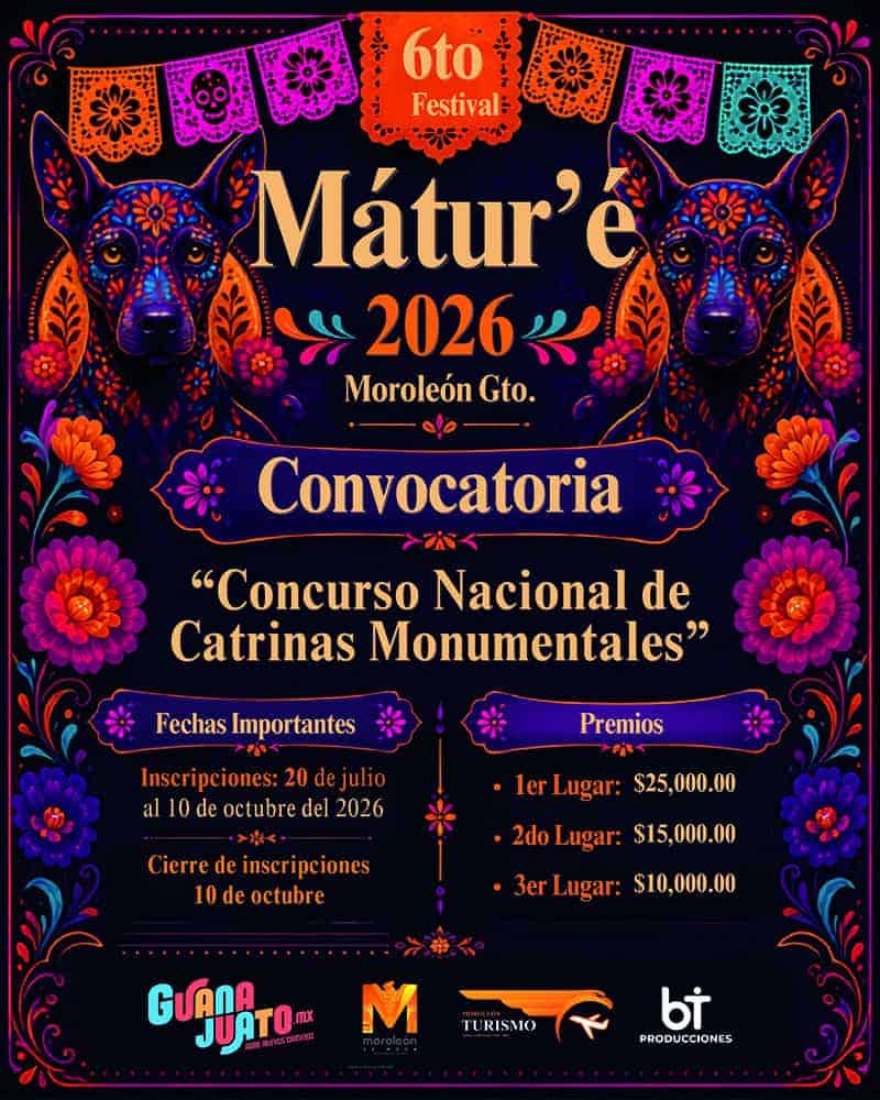 Cartel del Festival Matur'e 2026 en Moroleón Gto con catrinas y flores.