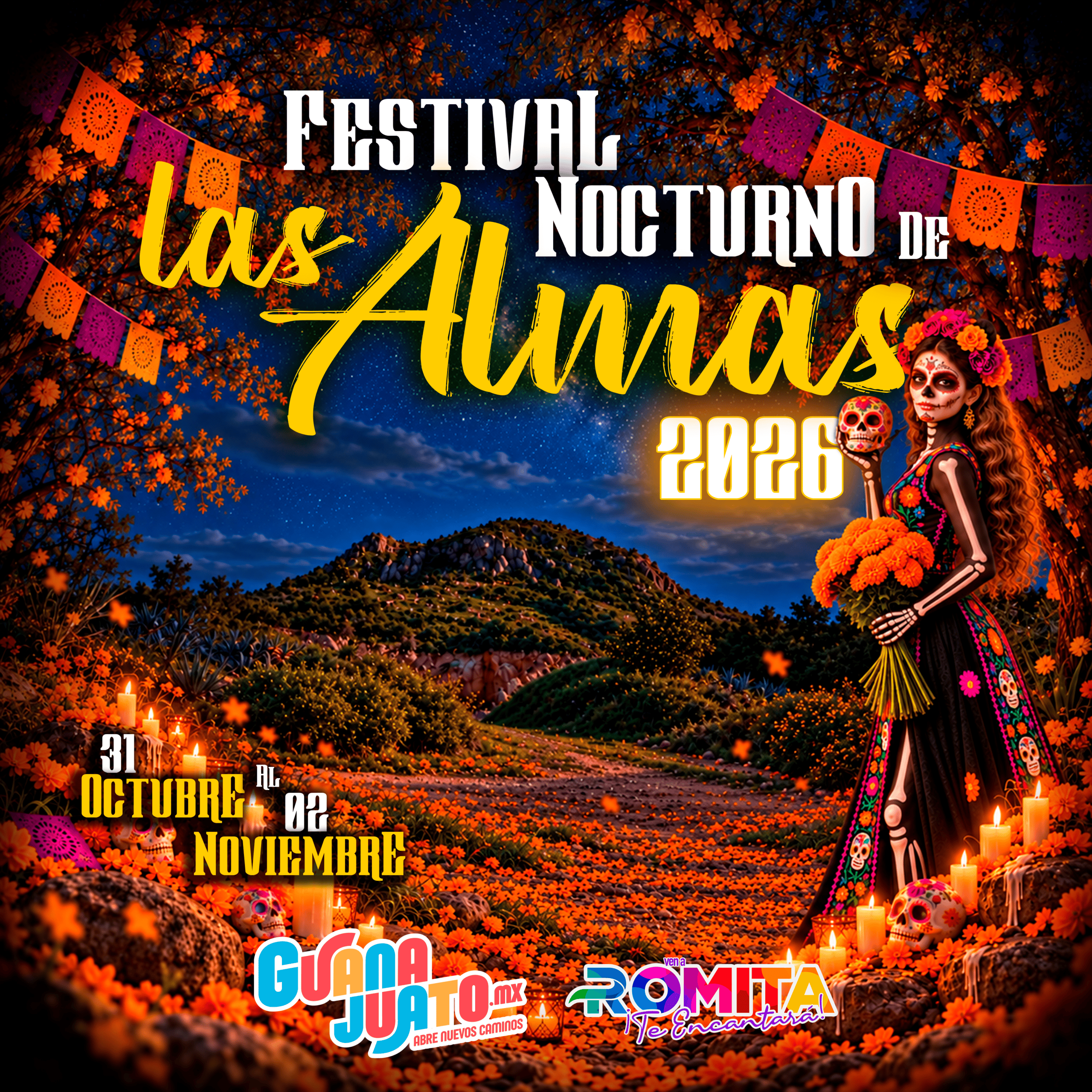 Festival nocturno Las Almas 2026 en Guanajuato con ofrendas y decoraciones tradicionales.