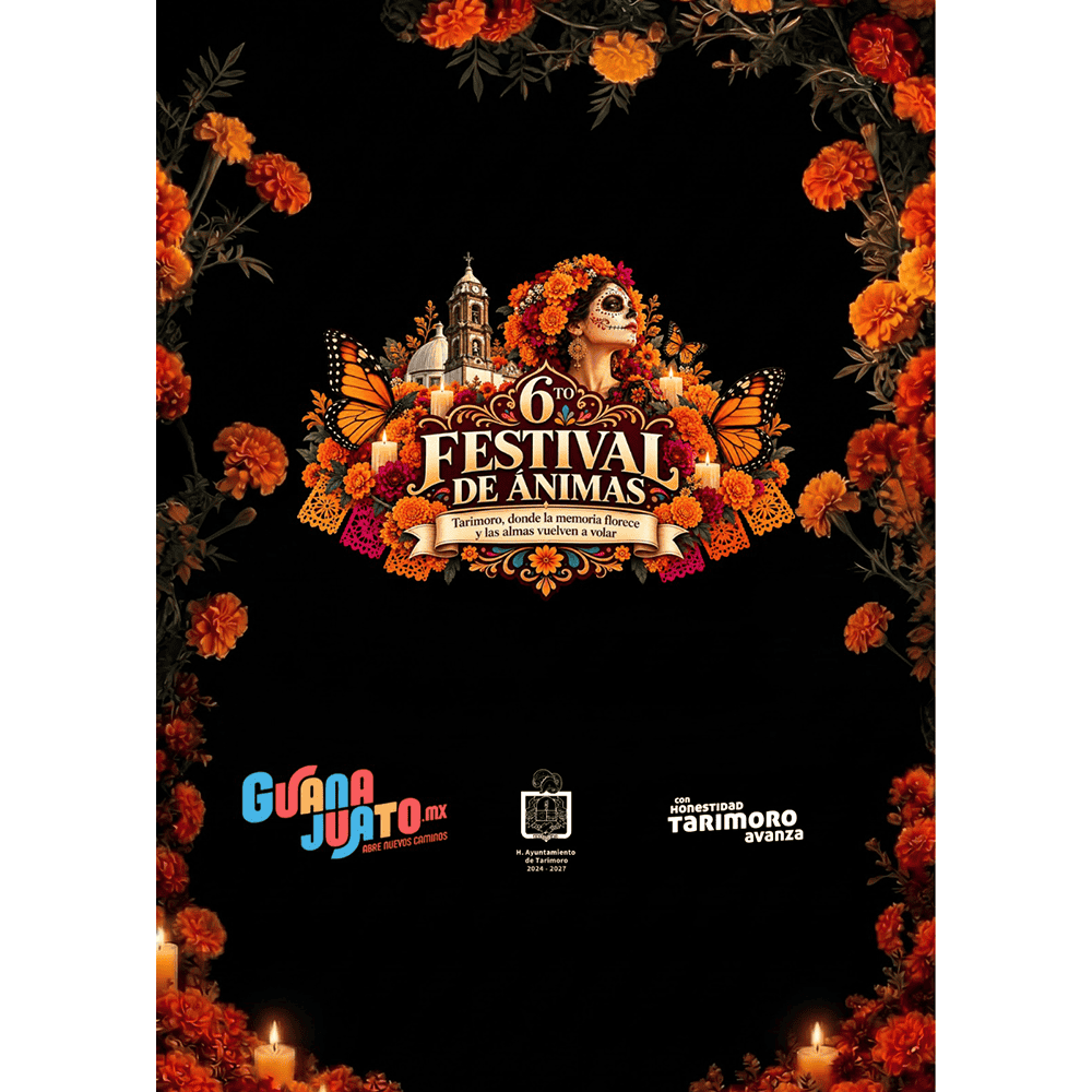Festival de Animas Tarimoro: caléndulas y mariposas; imagen promocional con arte folklórico en negro.