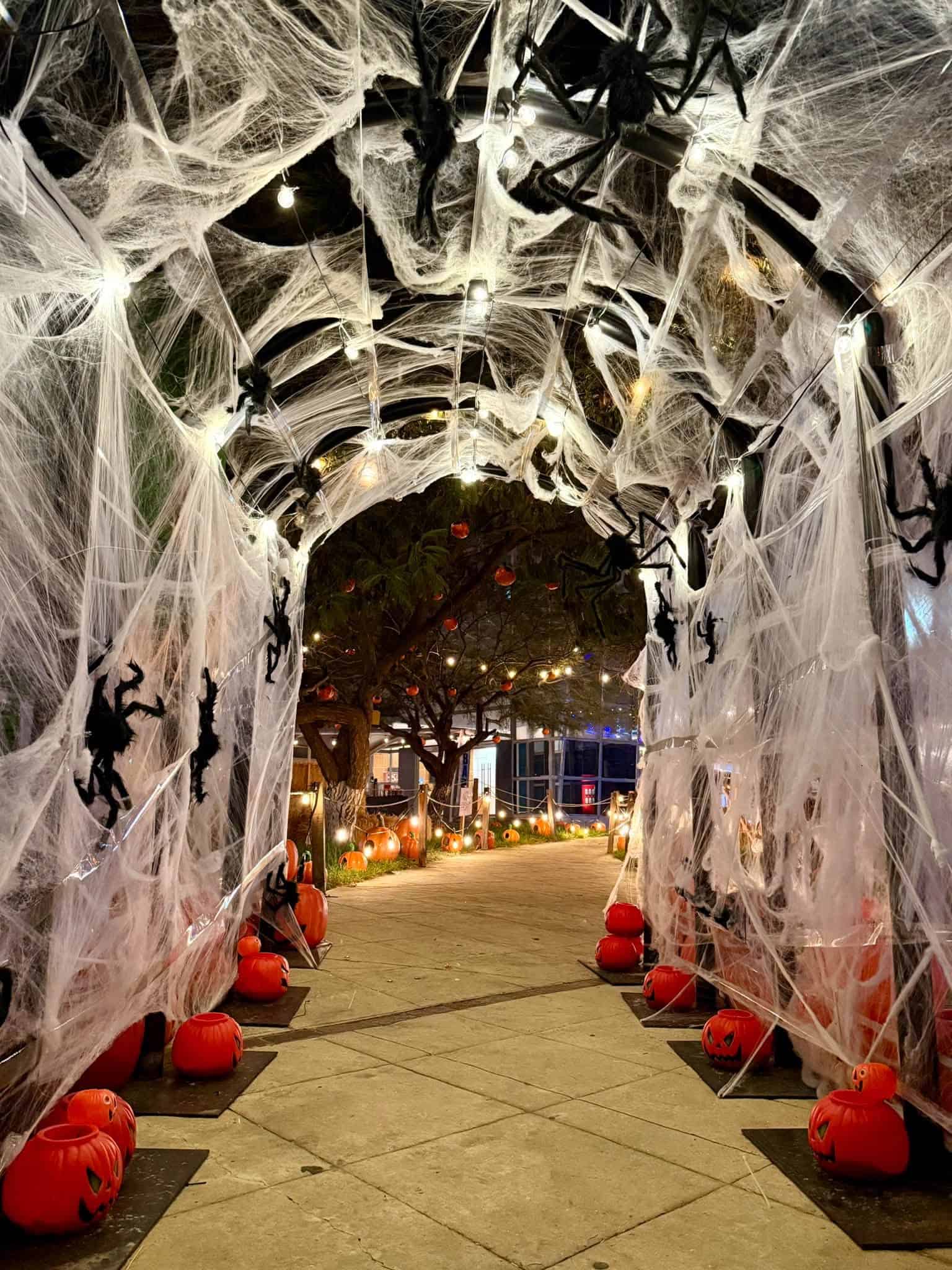 Decoración de Día de Muertos con telarañas, calabazas y arañas en Guanajuato.