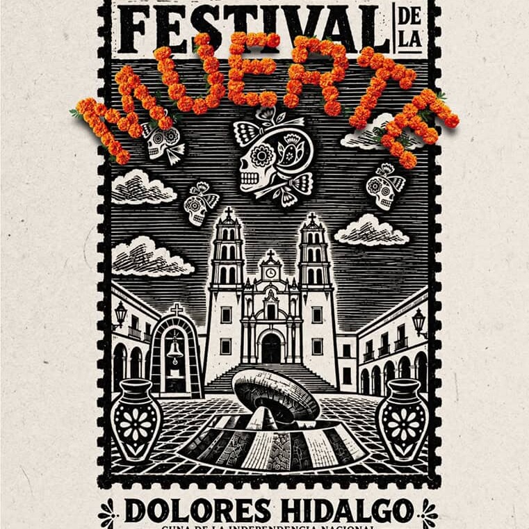 Cartel del Festival de la Nuez en Dolores Hidalgo, Guanajuato, con calaveras y elementos culturales.