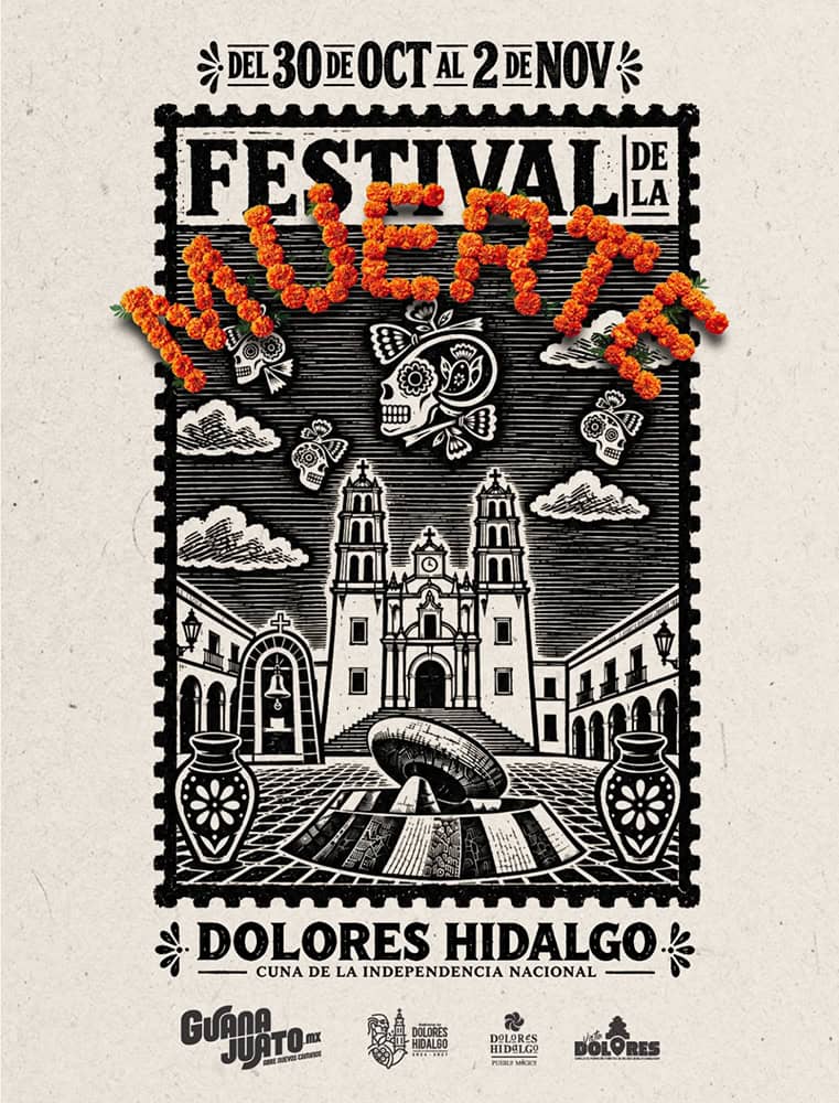 Cartel del Festival de la Nuez en Dolores Hidalgo, Guanajuato, con calaveras y elementos culturales.