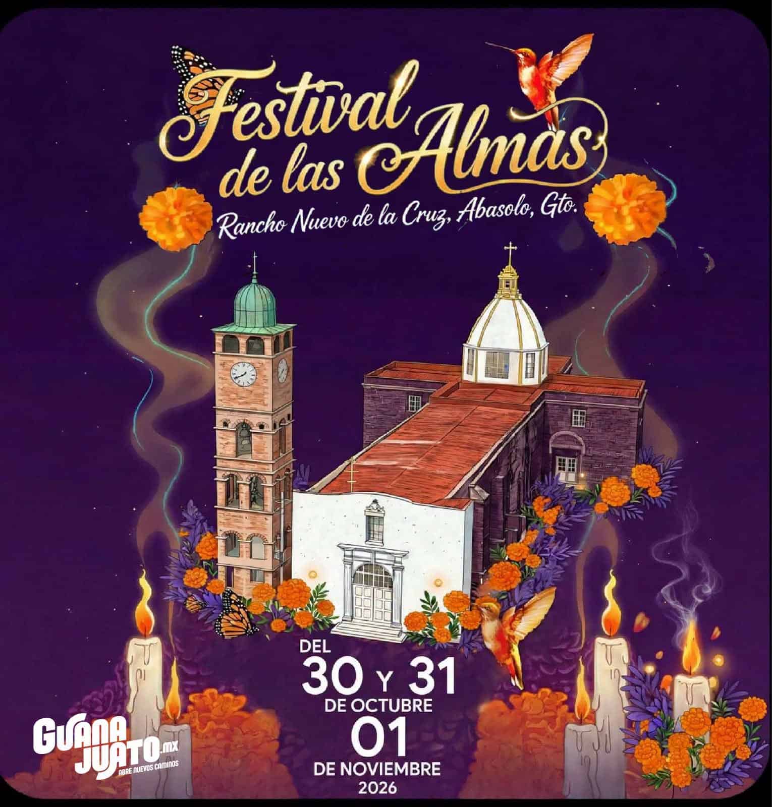 Cartel del Festival de las Almas en Guanajuato con iglesia y calaveras de flores.