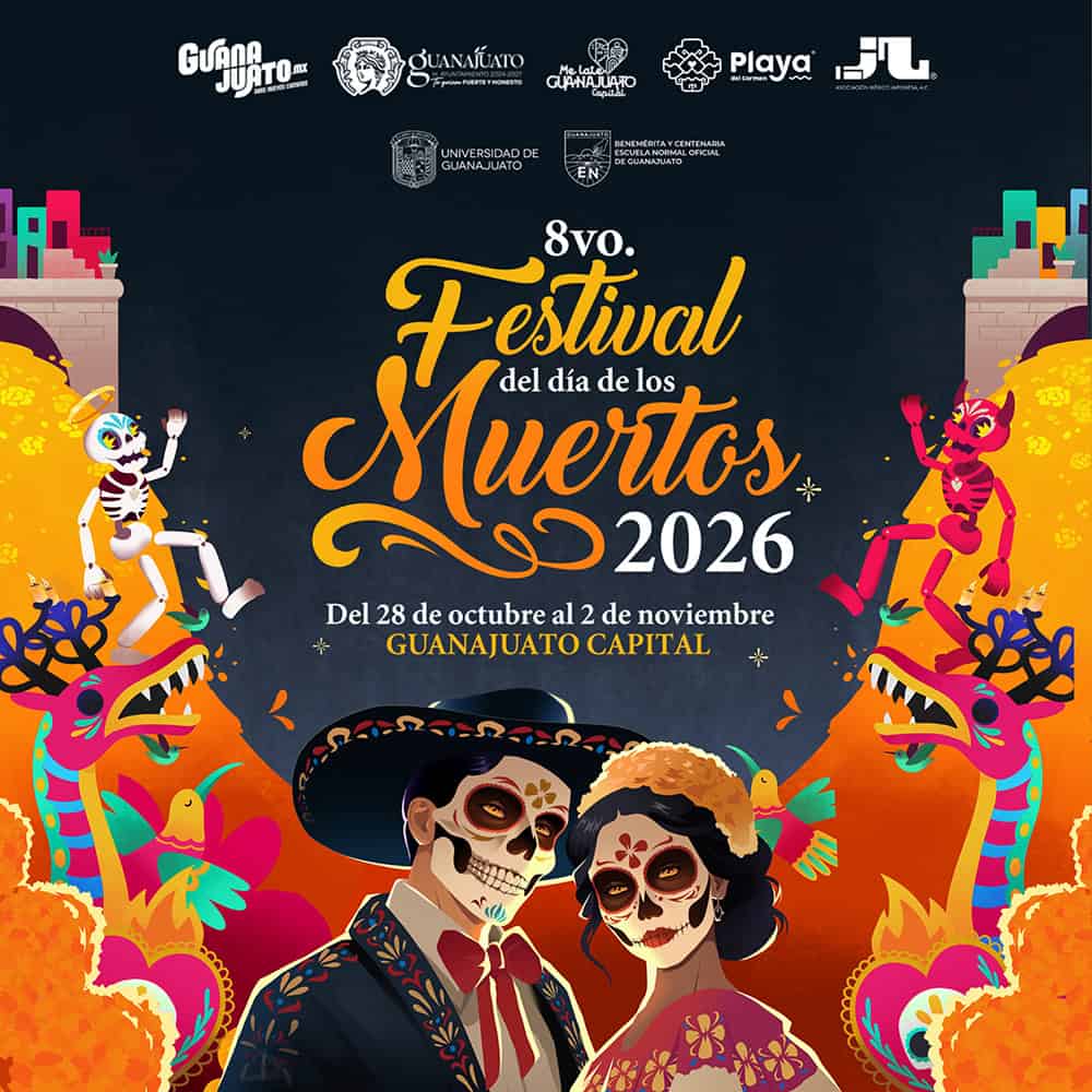 Cartel del Festival del Día de los Muertos en Guanajuato 2026 con calaveras y colores vibrantes.