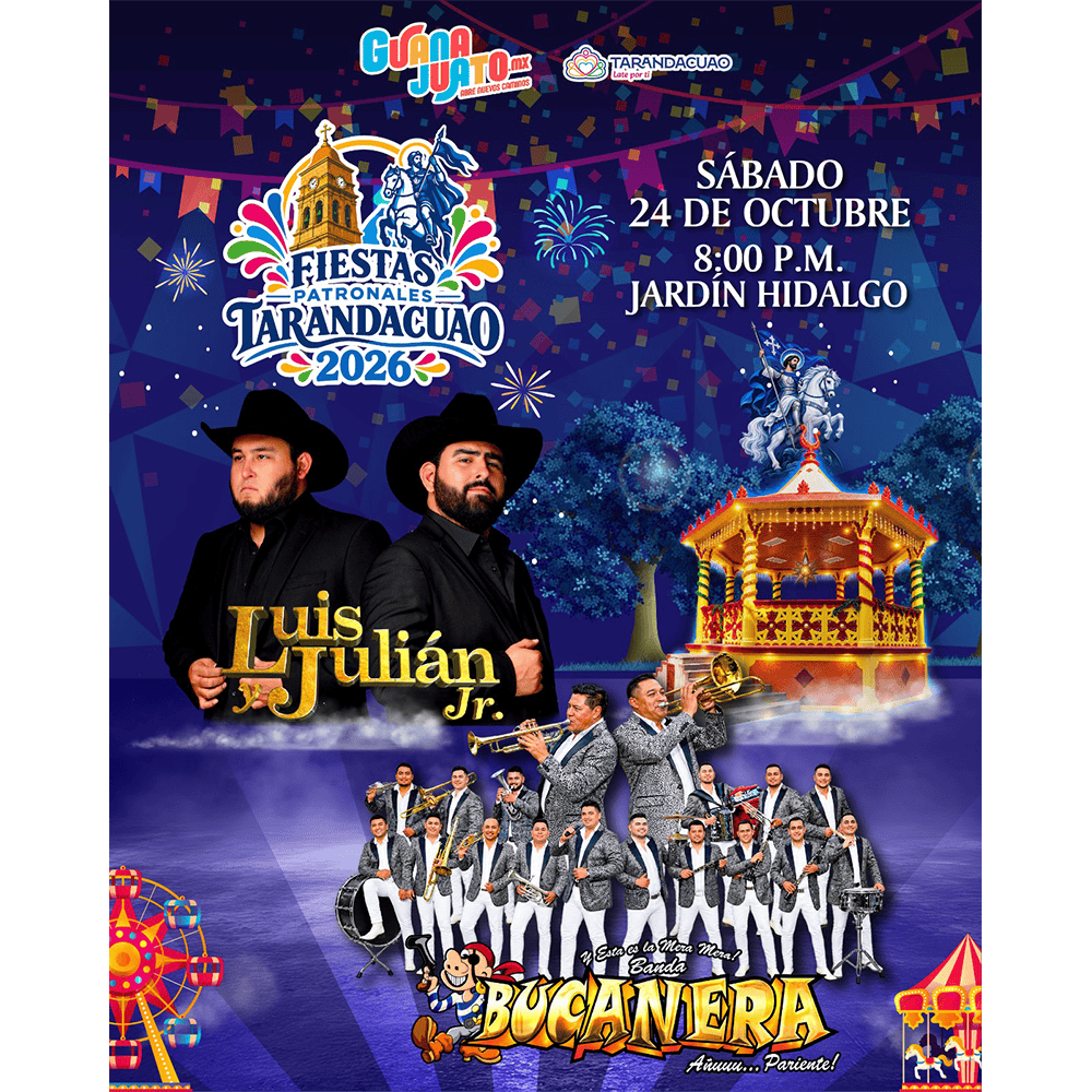 Cartel de fiesta en Tarandacuaro con música en vivo y juegos tradicionales.