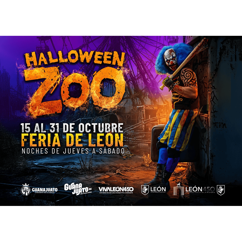 Espectáculo de Halloween en el zoológico de León con payaso y decoración temática.