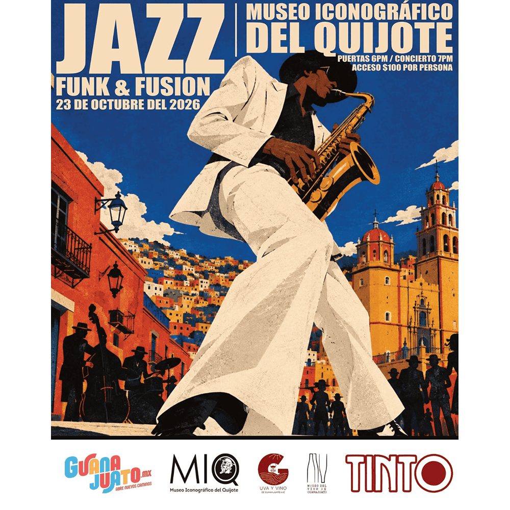 Cartel de concierto de jazz en Guanajuato, México, con saxofonista en escena.