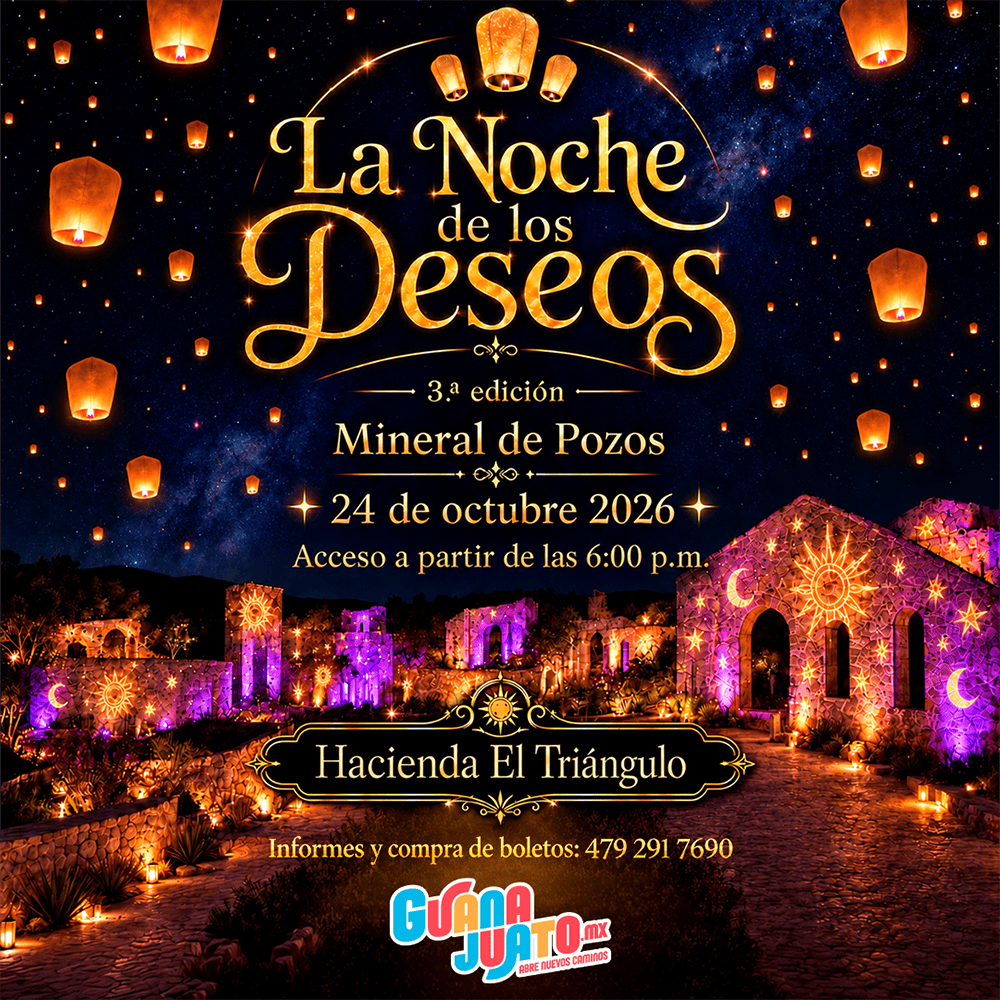 Cartel de evento 'La Noche de los Deseos' en Guanajuato, con faroles y luces en la noche.