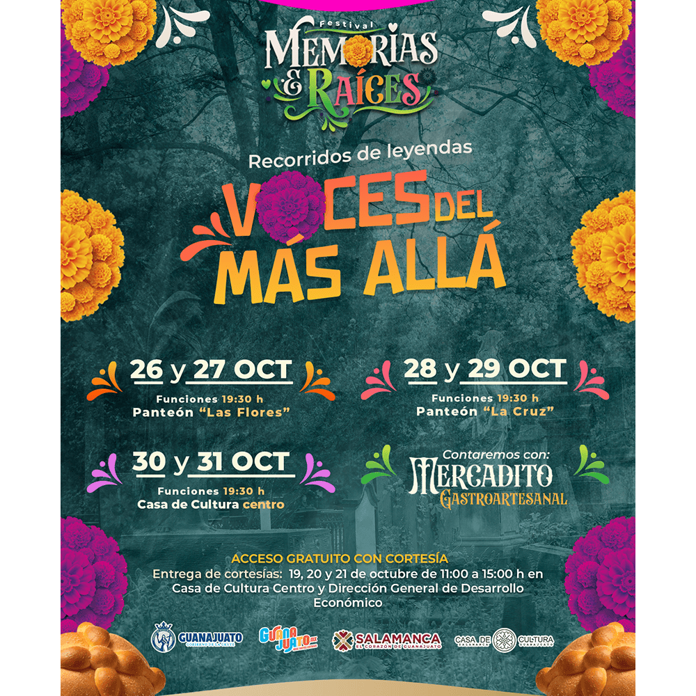 Cartel del Festival Memorias de Raíces en Guanajuato con fechas y lugares.