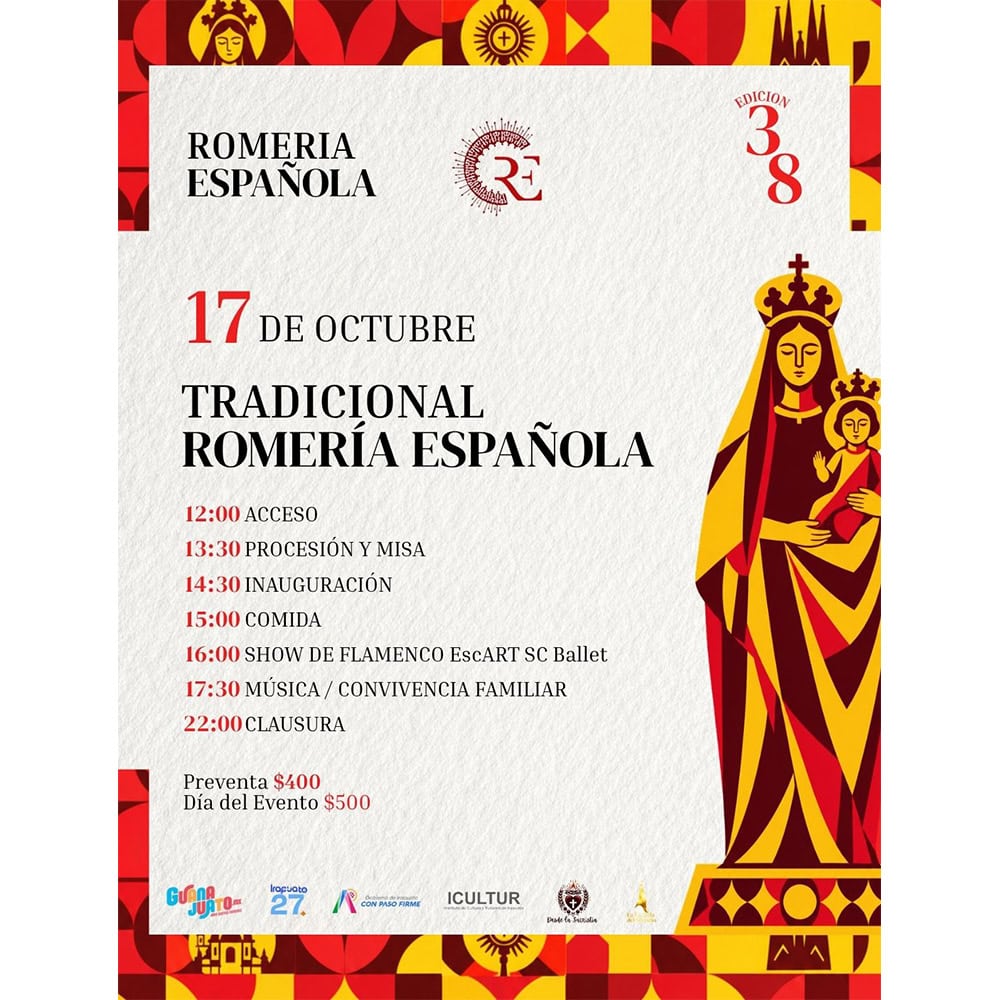 Cartel de la Romería Española con imagen de la Virgen María y el Niño Jesús.