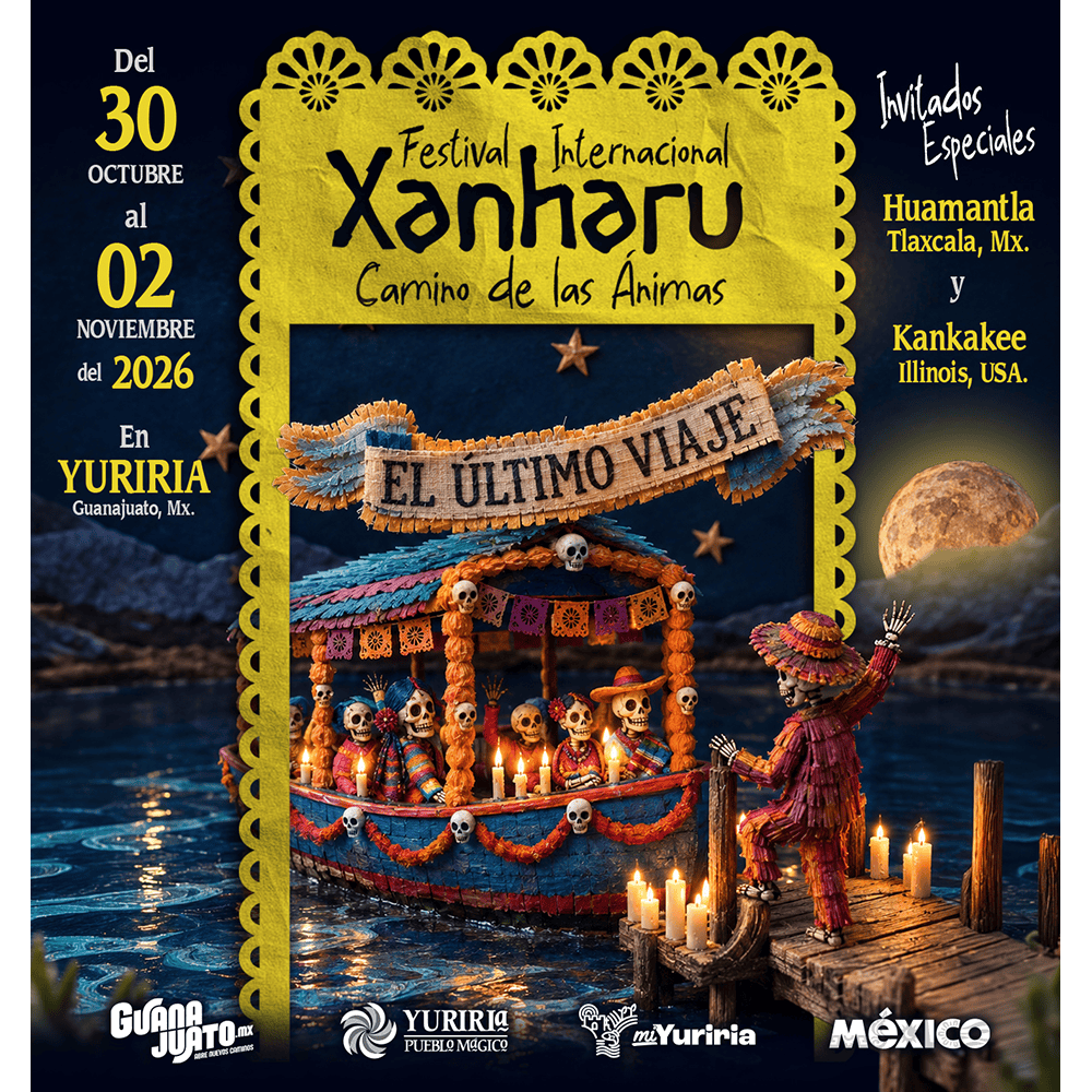 Festival Xanharu en Yuriria, Guanajuato, con embarcación decorada y personajes tradicionales.