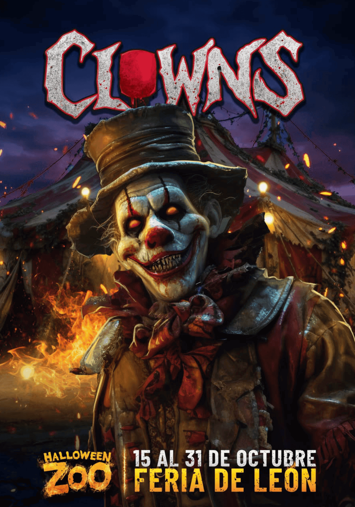 Payaso de terror en feria de Halloween en Guanajuato con fondo de circo y fuego.