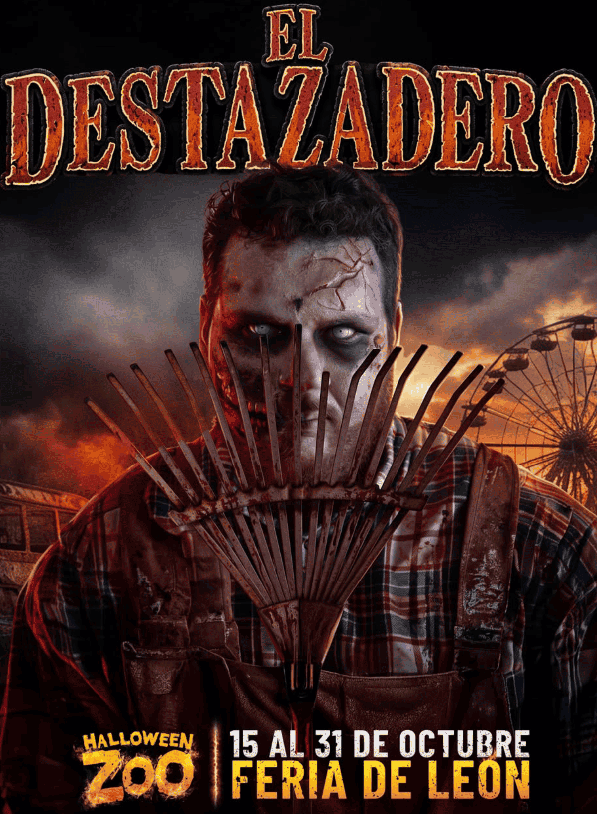 Personaje disfrazado de zombie con máscara de calavera en feria de León, Guanajuato.