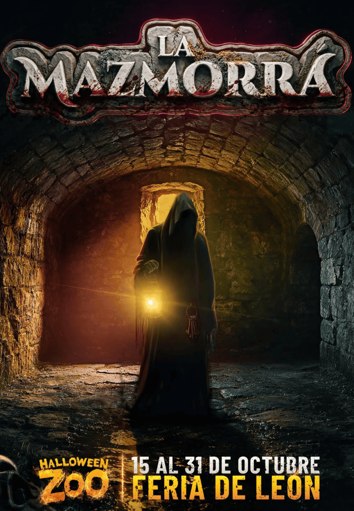 Escena de terror en La Mazmorra con figura misteriosa en túnel oscuro.