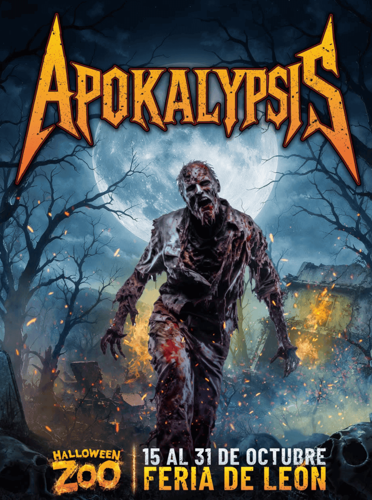 Zombi en un escenario oscuro con árboles y fuego en fondo, promoción de Apokalipsis en León.