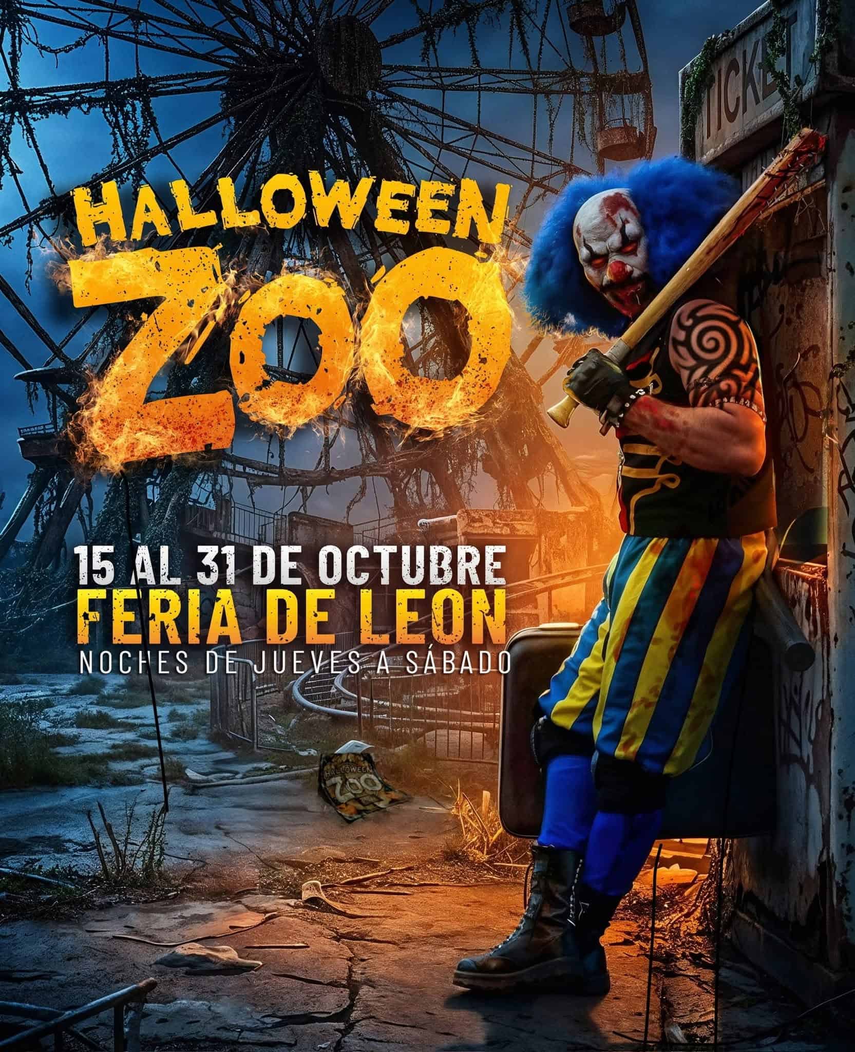 Espectáculo de Halloween en el zoológico con payaso aterrador y ambiente espeluznante.